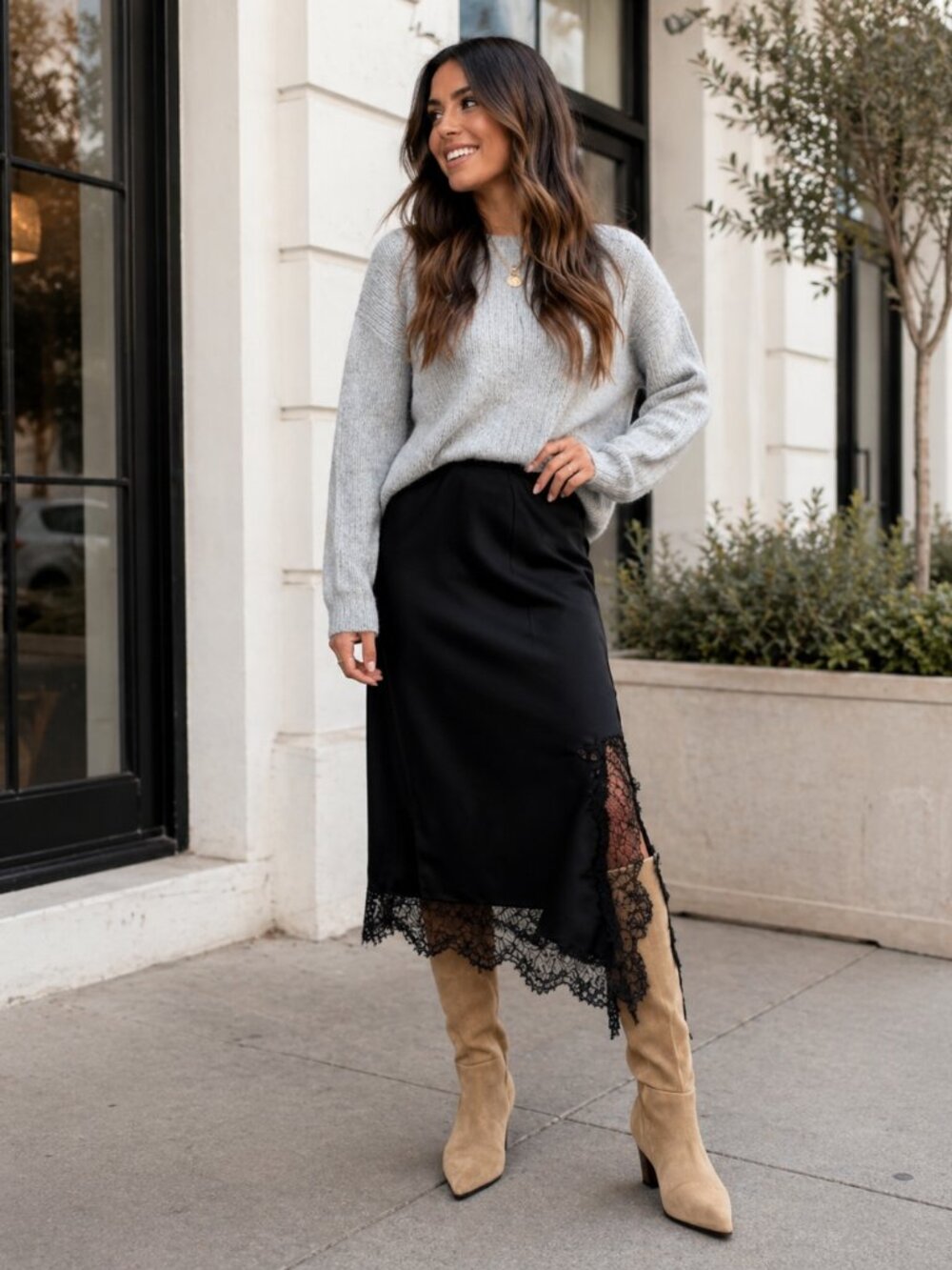 Chic Luxe Satin Midi Skirt with Lace Trim – Black Elegance